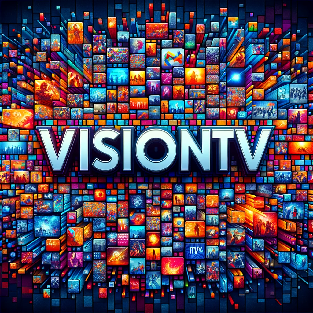 Mosaic of TV screens showing diverse global content forming VisionTV, with it premium iptv