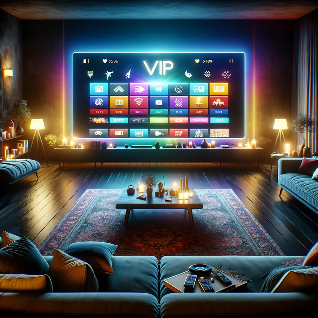 Un salon moderne équipé de VIP IPTV de VisionTV, montrant une variété de contenus en haute définition.