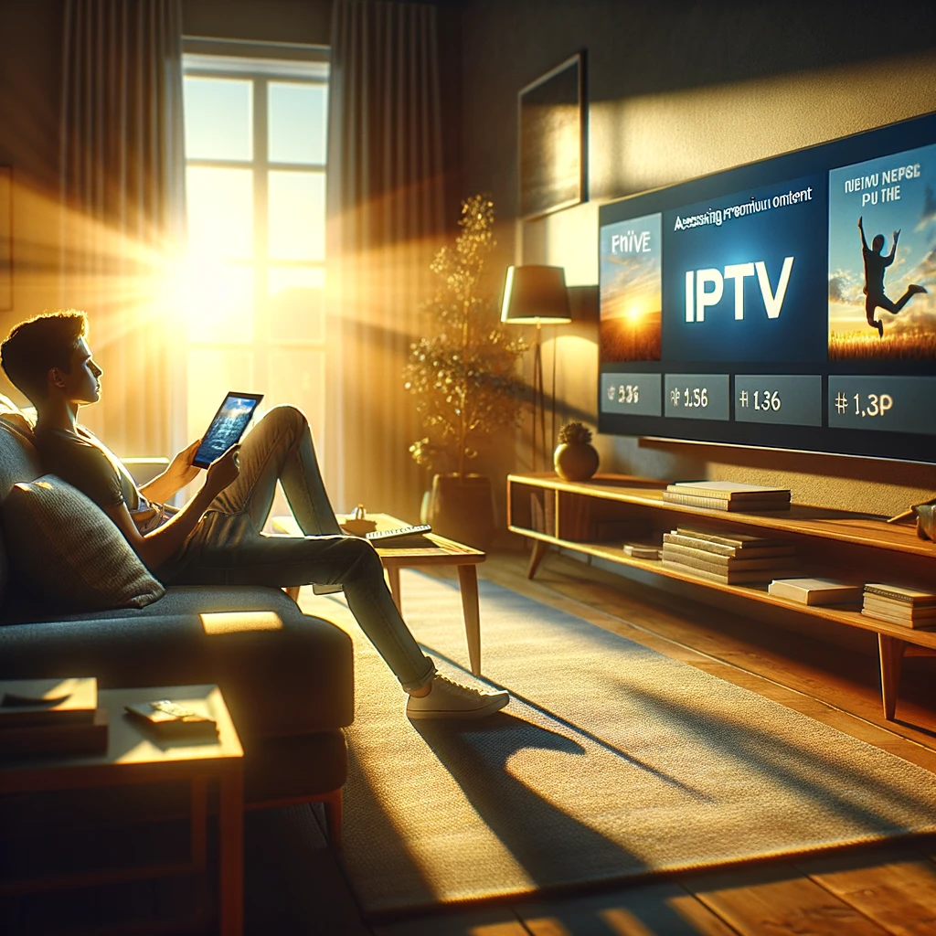 Person switching between IPTV premium on TV and tablet in a comfortable living room.