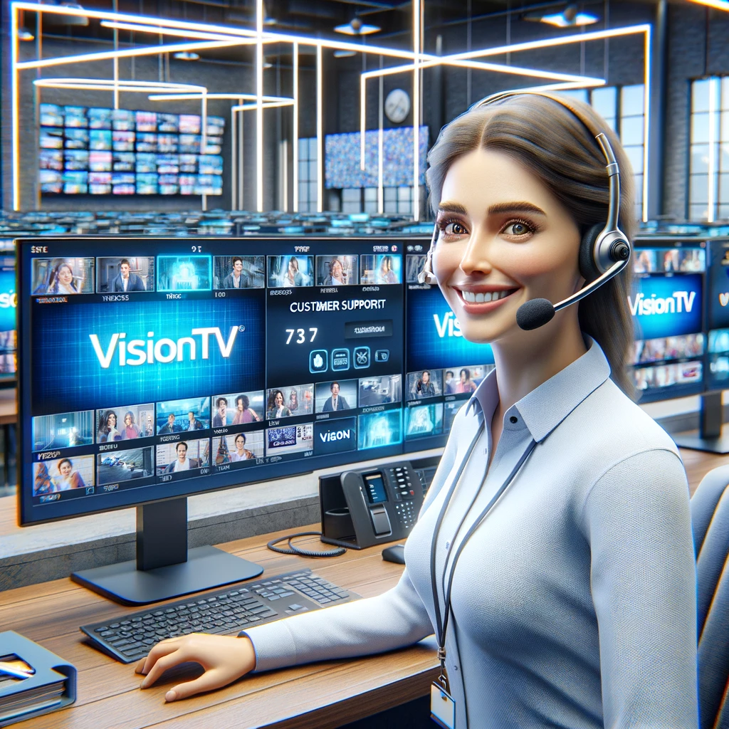 Customer service representative with IPTV support tools and VisionTV screens.