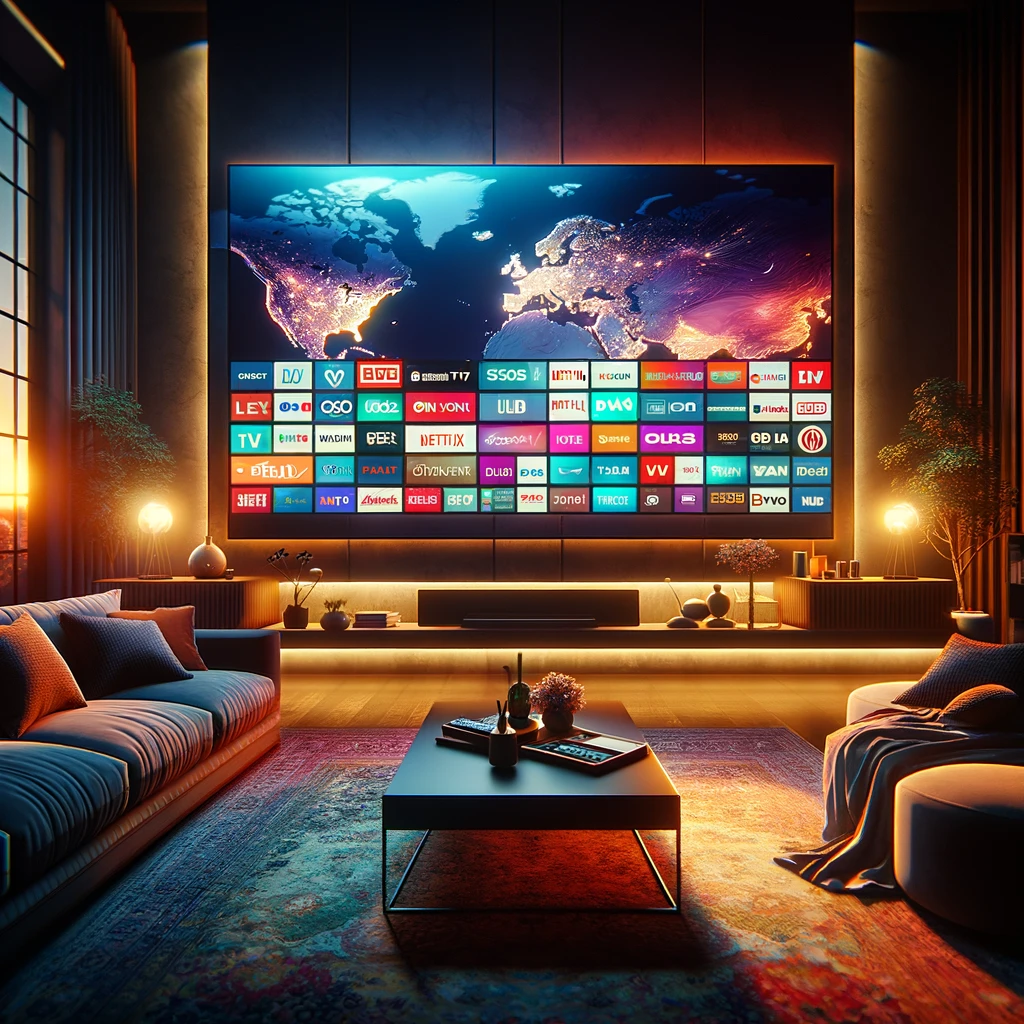 Modern living room with vibrant TV screen displaying global channels logo collage.