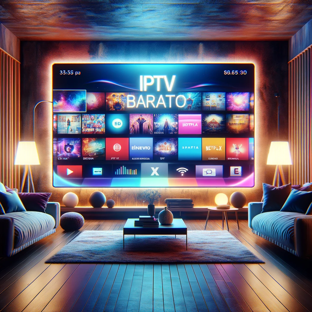 modern living room with a large TV displaying the words IPTV Barato,